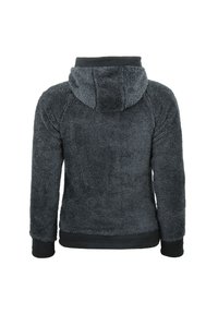 Grå fleece hoodie med en blød, fyldig tekstur, der har en sort hætte og manchetter. Den er designet med en afslappet pasform og uden synligt hardware.