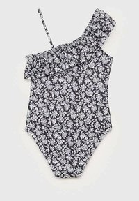 One-shoulder badeshorts i sort med hvid blomstermønster, med en flæse-kant og en tætsiddende pasform. Justerbar strop på den ene side.