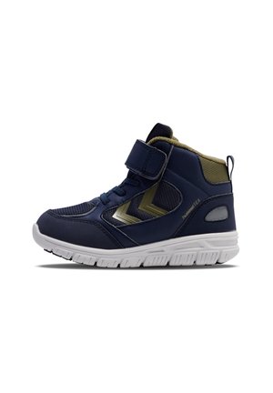 Höga sneakers i marinblå syntetmaterial med olivgröna detaljer. Utrustad med ett kardborreband, texturerade meshpaneler och en vit gummisula.