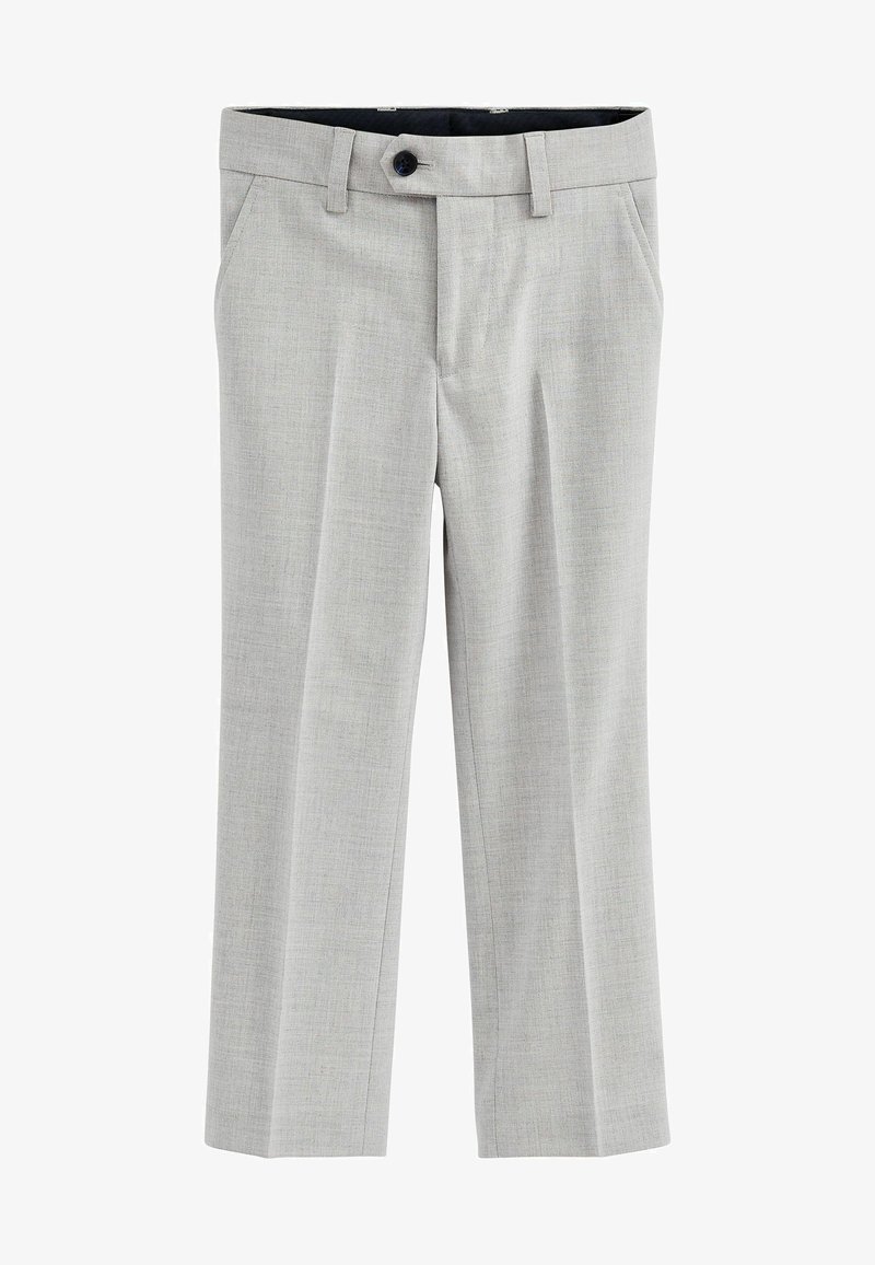 Gai pelēki bikses, kas izgatavotas no teksturēta auduma. Iekļauj pogas aizdari, jostas cilpas un sānu kabatas. Taisna kāju izgriezums.