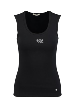 Schwarzes, ärmelloses, geripptes Tanktop mit Rundhalsausschnitt und weißem Schriftzug "MEGA COOL" mittig auf der Brust.