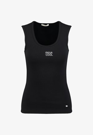 Débardeur noir côtelé sans manches avec encolure dégagée et texte blanc "MEGA COOL" centré sur la poitrine.