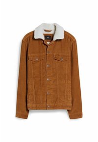 Braune Cord-Jacke mit weißem Kunstpelzkragen, ausgestattet mit zwei Brusttaschen und vorderem Knopfverschluss; strukturiertem Stoff mit vertikalen Rippungen.