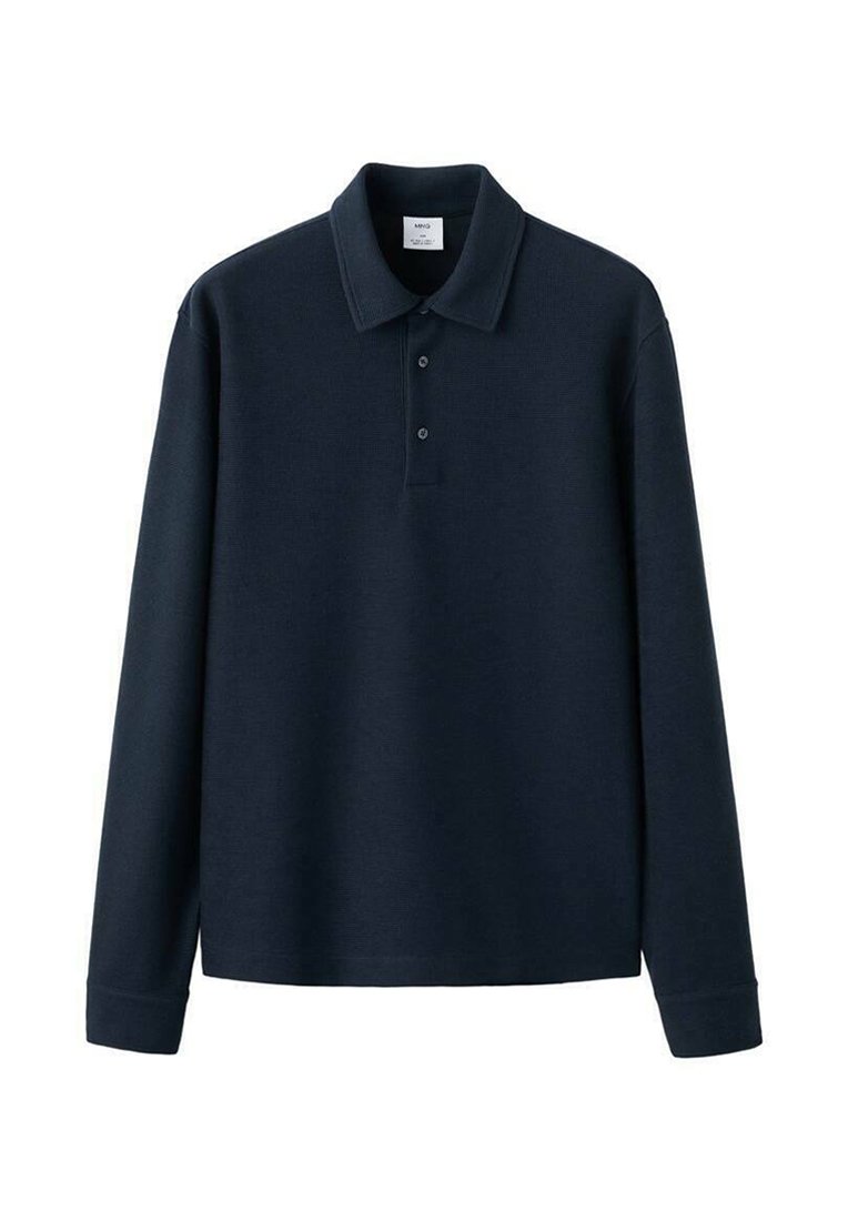Polo à manches longues bleu marine avec une texture côtelée, une patte de boutonnage à trois boutons, un col plat et un ourlet droit. Fabriqué en tissu doux et résistant.