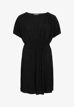 Schwarzes, plissiertes Kleid mit lockerem Schnitt, Rundhalsausschnitt und elastischem Bund. Kurze Ärmel und weicher, texturierter Stoff.