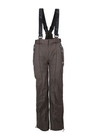 Pantalons de ski imperméables marron avec bretelles noires réglables, poches latérales et ouvertures zippées aux chevilles pour un enfilage facile.