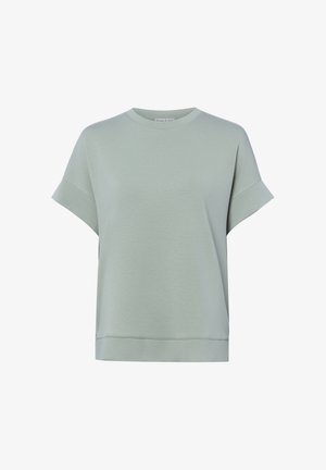 Jasnozielony top z krótkim rękawem, okrągłym dekoltem, szerokimi mankietami i luźnym krojem na białym tle.