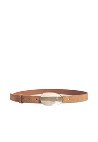 Brauner Wildledergürtel mit einer eleganten, ovalen Metall-Schnalle. Das Design ist minimalistisch und verfügt über feine Nähte sowie verstellbare Löcher.