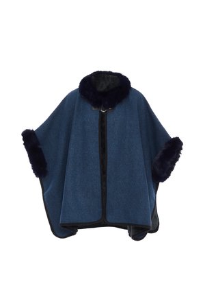 Blaues Wolle-Mix-Poncho mit einem Kragen und Manschetten aus schwarzem Kunstpelz, ausgestattet mit einem Reißverschlussverschluss und einem runden Halsausschnitt, der für Wärme sorgt.