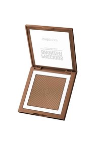 Compatto aperto marrone con un fondotinta in polvere pressata e una superficie texturizzata geometrica, dotato di specchio nel coperchio.