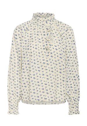 Cream blouse with a ruffled mock neck, featuring a blue floral print, long sleeves with elastic cuffs, and buttoned front detail.
