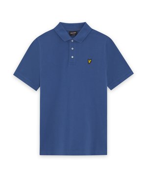 Blue short-sleeve polo shirt with three-button placket and yellow embroidered bird logo on left chest.