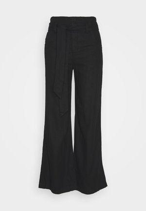 Pantalones anchos negros de pierna ancha con cintura alta y un cinturón de tela a juego atado al frente.