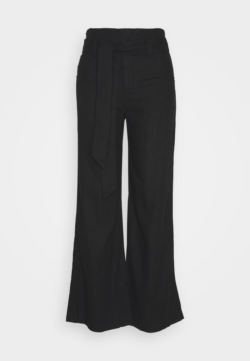 Pantalon noir à jambes larges avec taille haute et ceinture assortie en tissu nouée à l'avant.