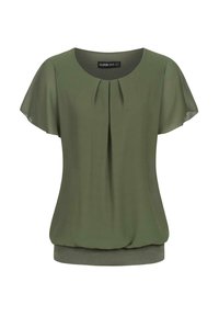 Olivengrüne Bluse mit kurzen, flatternden Ärmeln, rundem Ausschnitt, Faltenlegung vorne und einem gerafften unteren Saum für eine lässige Passform.