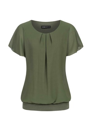 Blusa verde oliva con maniche corte a volant, scollatura rotonda, dettagli con pieghe frontali e orlo inferiore arricciato per una vestibilità comoda.