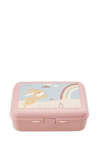 Pink rectangular lunchbox with a leaping rabbit, rainbow, clouds, and small plants on the lid illustration.