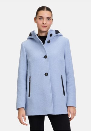 Light blue wool-blend coat with a hood, black accents, two side zipper pockets, and three black buttons down the front.