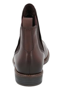 Dunkelbraune Leder-Stiefelette mit elastischen seitlichen Einsätzen, einer glatten Textur und einem niedrigen, gestapelten Absatz, ausgestattet mit einem klassischen Design und Stichdetails.