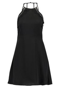 Black sleeveless dress with a fitted bodice and flared skirt. Features lace trim along the shoulders and thin straps for a contemporary design.