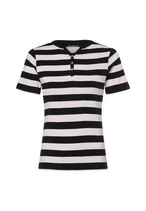 Schwarz-weiße gestreifte kurzärmelige Bluse mit Rundhalsausschnitt und dreiknöpfiger Blende. Hergestellt aus einem glatten Stoff mit taillierter Form.