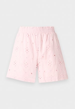Light pink shorts with elastic waistband, featuring an embroidered floral eyelet pattern and loose fit.