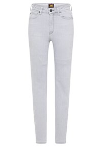 Vaqueros de denim gris claro con un ajuste slim, que cuentan con cinco bolsillos, una cremallera y un parche con el logo en la cinturilla. Tejido liso y ligeramente elástico.