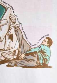 Graphic artwork featuring a figure in a turquoise jacket reclining against a car, with text surrounding depicting a humorous narrative.