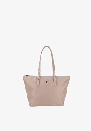 Béžová nylonová taška na rameno se dvěma madly, zapínáním na zip a kruhovým dekoračním detailem. Má texturovaný povrch a stříbrné kovové doplňky.