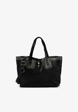 Schwarze Leder-Shopper-Tasche mit genoppten Akzenten entlang der oberen Kante und des Schultergurts, mit strukturierter Oberfläche und Metallbeschlägen.