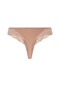 Beige dames stringondergoed met kantafwerking, solid frontpaneel en bloemenkant zijkanten, weergegeven op een witte achtergrond.
