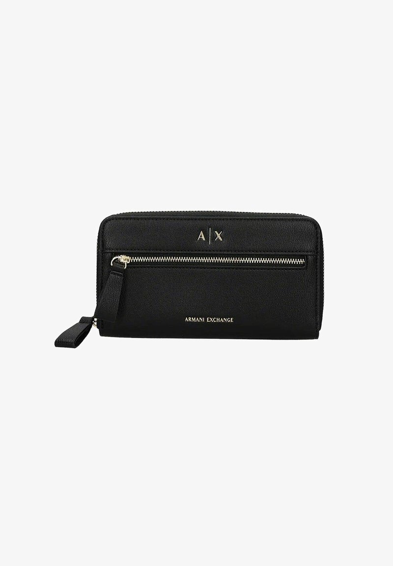 Billetera de cuero negro con cierre de cremallera, que presenta un logo dorado (A|X) y un bolsillo adicional con cremallera en la parte frontal. Textura suave.