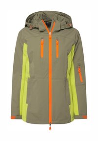 Chaqueta resistente al agua en verde olivo con cremalleras y detalles en naranja brillante, que cuenta con dos bolsillos frontales y una capucha. Fabricada con tejido ligero.