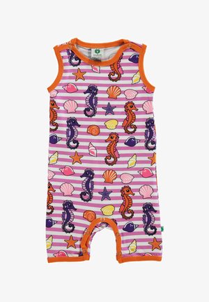 Ärmelloser Babystrampler mit orangefarbenen Rändern, rosa und weißen Streifen sowie einem maritimen Aufdruck mit orangefarbenen und violetten Seepferdchen, Seesternen und Muscheln.