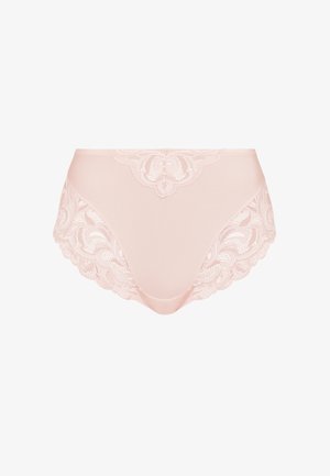 High-waisted underwear in soft pink fabric, featuring intricate lace trim along the waistband and leg openings, with a smooth, seamless body.