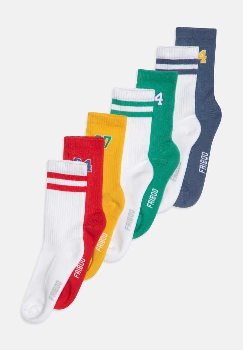 Juego de seis calcetines en blanco, rojo, amarillo, verde y azul marino. Cada uno tiene una textura acanalada, rayas audaces y el logotipo "FRIBOO" impreso en el costado.
