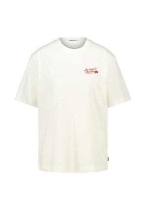 T-shirt bianco in cotone con maniche corte, scollatura rotonda e testo rosso stampato "Las Vegas Nevada" sul petto. Forma casual e rilassata.