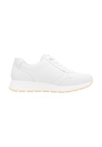 White athletic shoes with a smooth leather upper, lace-up design, and a contrasting pale rubber sole. Rounded toe and padded collar.