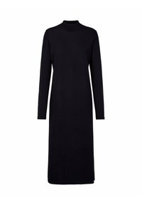 Robe noire à manches longues avec un col haut et une silhouette droite. Fabriquée dans un tissu lisse, elle présente une couleur unie sans motifs.