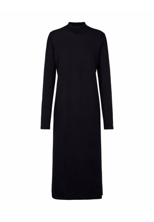 Schwarzes Langarmkleid mit hohem Kragen und geradem Schnitt. Aus einem glatten Stoff gefertigt, besticht es durch eine einfarbige Gestaltung ohne Muster.