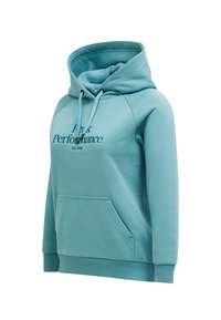 Teal hoodie met een trekkoordkap, kangoeroezak en geribbelde manchetten. Bevat "Peak Performance" tekst in donkerblauw. Zachte stof.