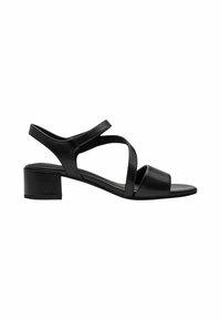 Sandale en cuir noir avec un talon bloc, dotée de brides croisées et d'un bout ouvert. Texture lisse avec un design minimaliste.