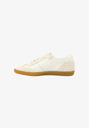 White sneaker with suede and leather materials, round toe, cream laces, and a gum rubber sole. Features a simple and clean design.