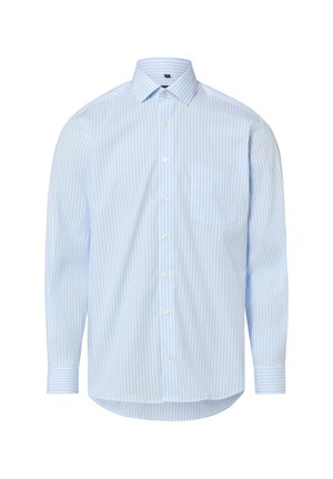 Hellblau-weiß gestreiftes, langärmliges Hemd mit Knopfleiste, spitzem Kragen, Brusttasche und geknöpften Manschetten.