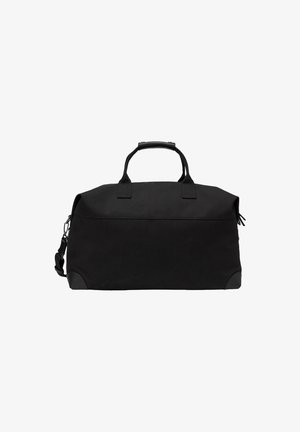 Sac de voyage rectangulaire noir avec poignées doubles, bandoulière détachable et coins renforcés sur fond blanc.