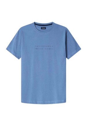 Blue cotton t-shirt with a round neck, short sleeves, and a central graphic print that reads "FAÇONNABLE FRENCH RIVIERA" in dark lettering.