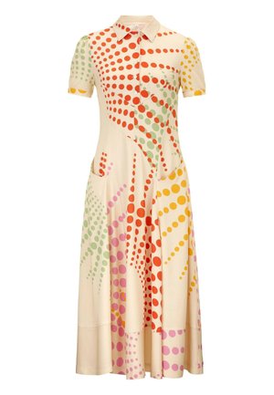 Kragenloses, kurzärmliges Kleid in Creme mit einem mehrfarbigen Punktemuster. Verfügt über seitliche Taschen und einen ausgestellt Rock, der lebendige Farben zeigt.