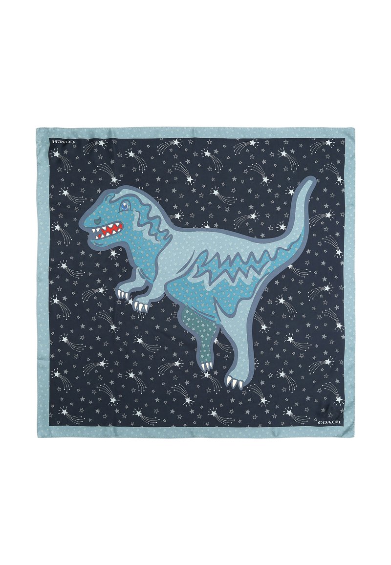 Square scarf featuring a blue dinosaur design on a navy background, accented with star patterns and a light blue border.
