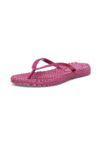 Roze teenslipper met een textuurrijke gevlochten zool en een glinsterende Y-vormige band op een witte achtergrond.