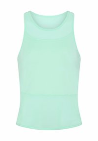 Mintgrünes Sporttanktop aus glattem, dehnbarem Stoff; mit einem runden Ausschnitt und einer figurnahen Silhouette.